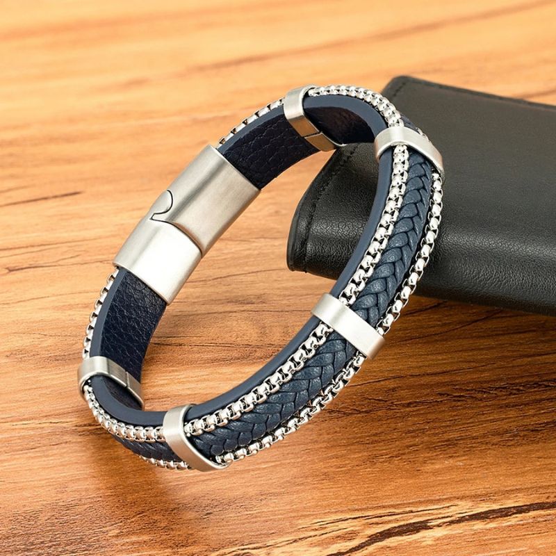 Pulseira de Couro e Prata Masculina Valenteo Langford Azul