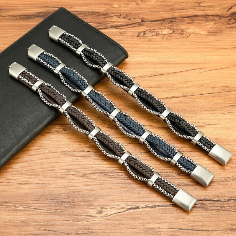 Pulseira de Couro e Prata Masculina Valenteo Langford Marrom Azul Preto