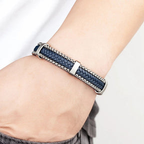 Pulseira de Couro e Prata Masculina Valenteo Langford Azul e Prata