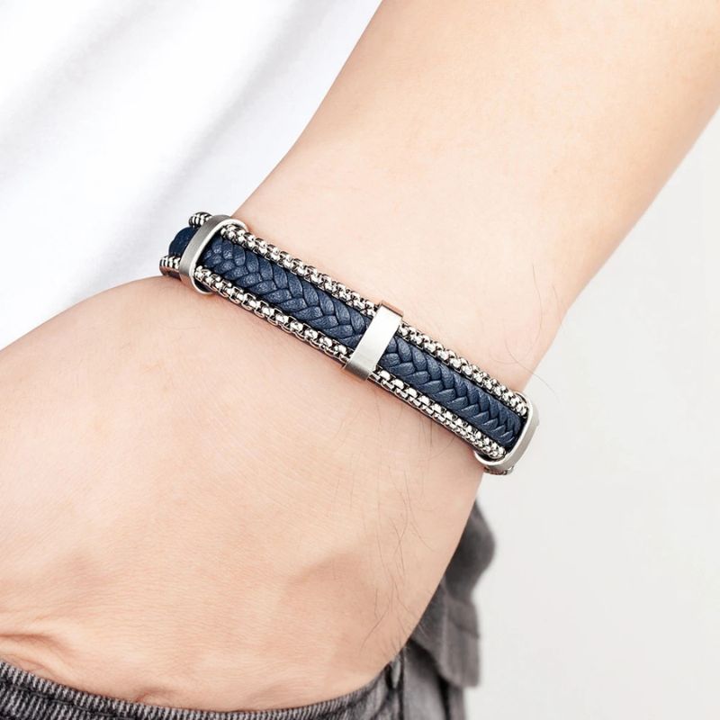 Pulseira de Couro e Prata Masculina Valenteo Langford Azul e Prata