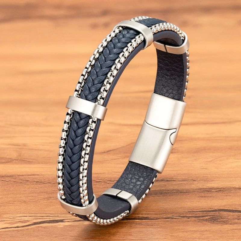 Pulseira de Couro e Prata Masculina Valenteo Azul 