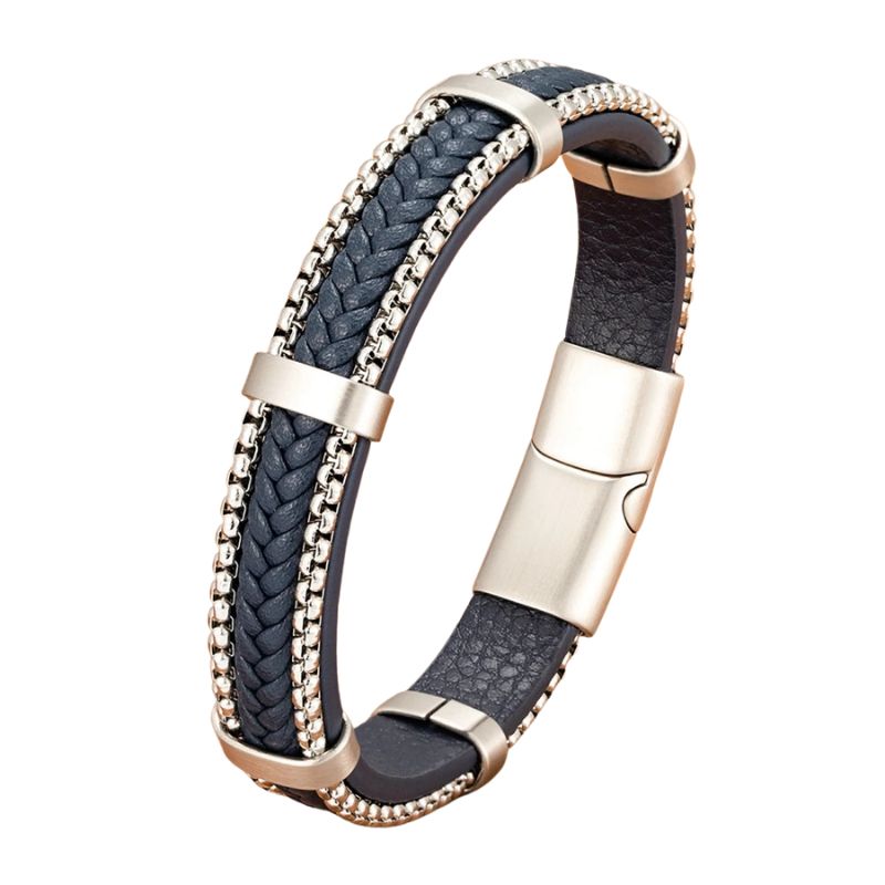 Pulseira de Couro e Prata Masculina Valenteo Langford