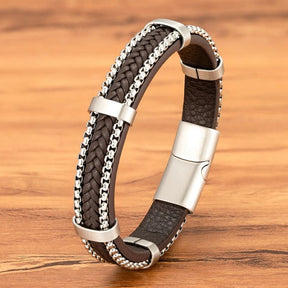 Pulseira de Couro e Prata Masculina Valenteo Marrom