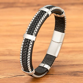 Pulseira de Couro e Prata Masculina Valenteo Preto