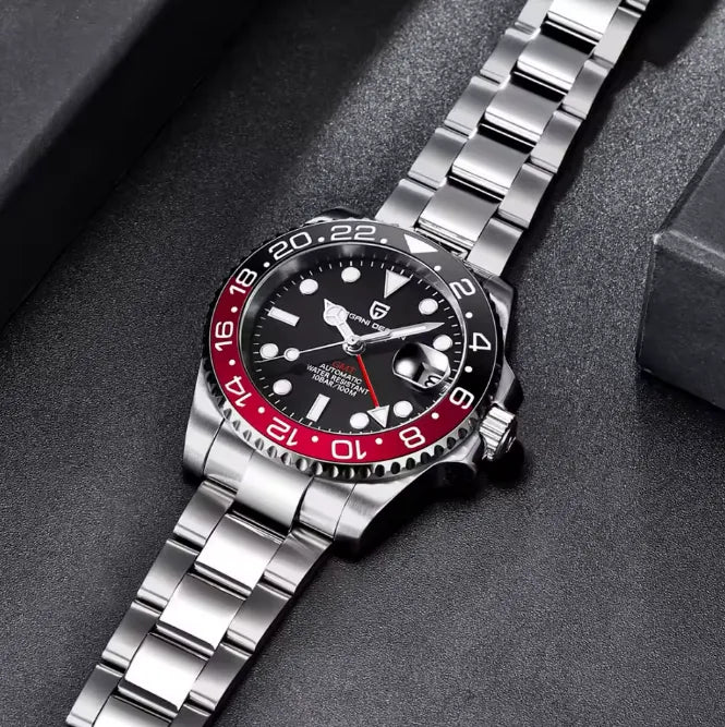 Relógio Automático Preto Vermelho GMT Date