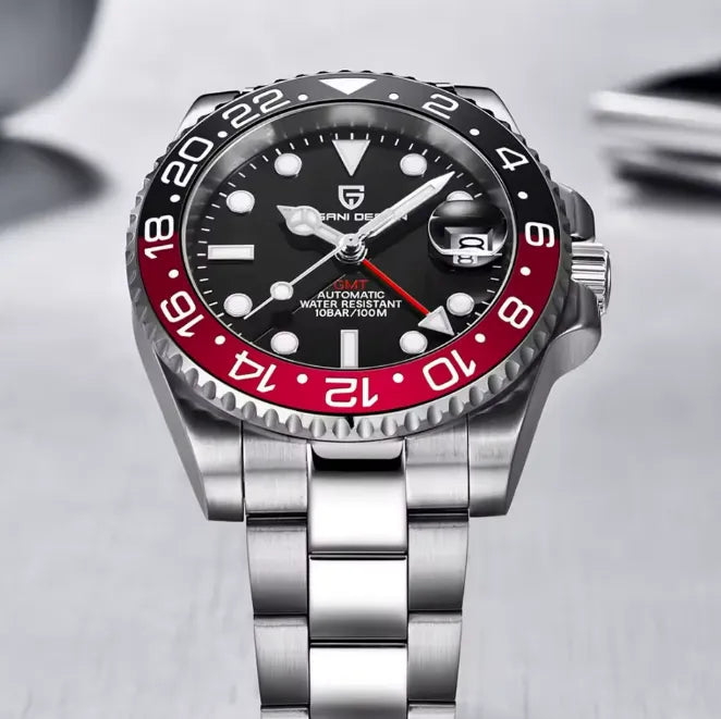 Relógio Automático Preto Vermelho GMT Date