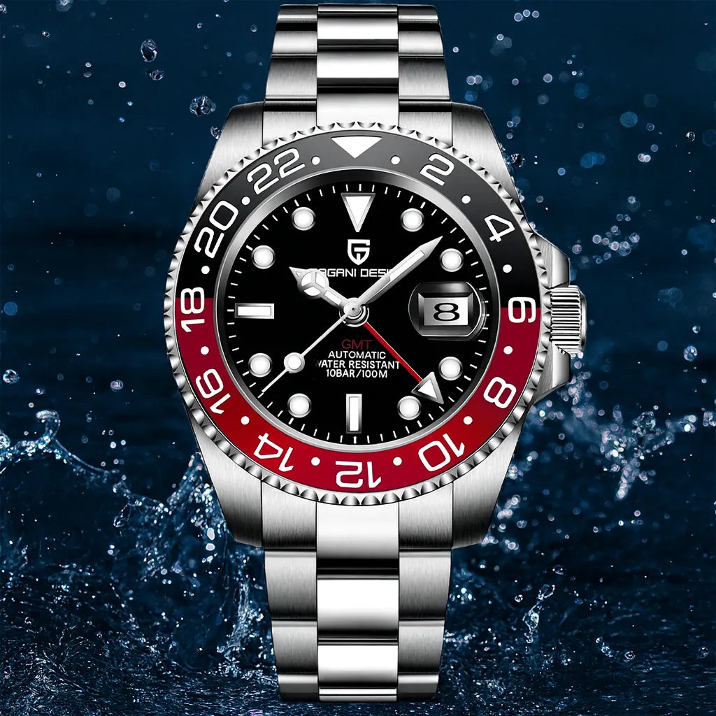 Relógio Automático Preto Vermelho GMT Date