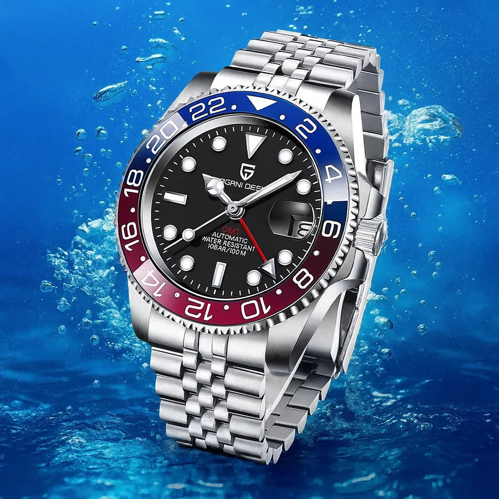 Relógio Automático Vermelho Azul GMT Date Jubilee