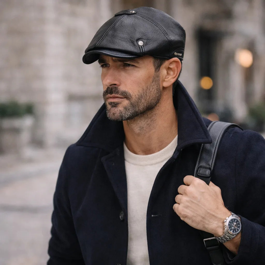 boina masculina outono inverno couro legítimo