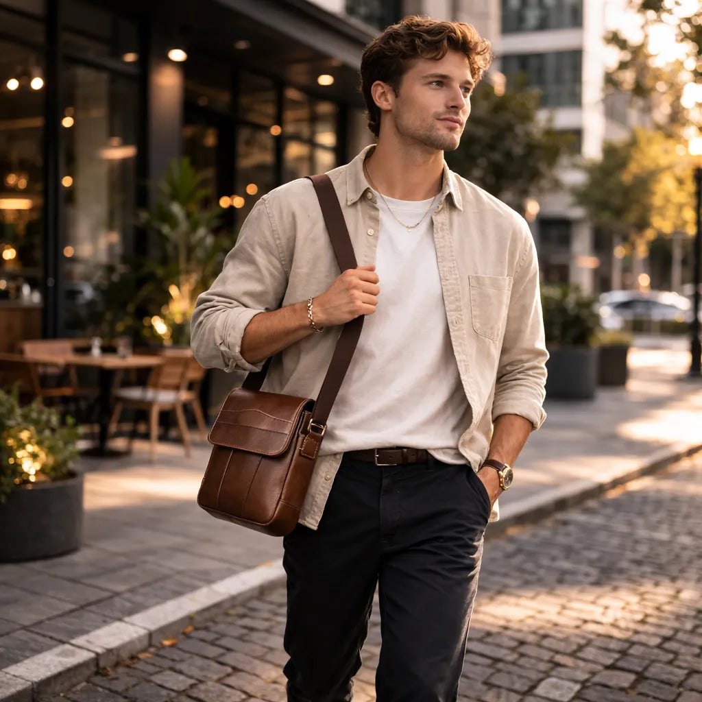 bolsa de ombro masculina estilo executivo marrom café