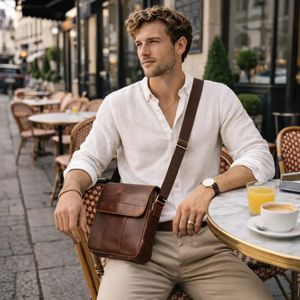 bolsa masculina pequena de couro legítimo marrom café