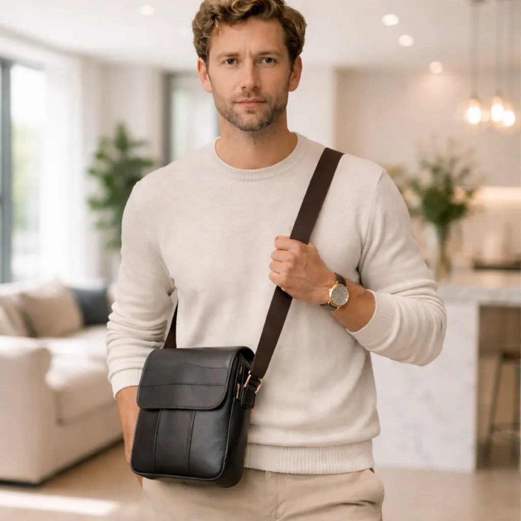 bolsa transversal masculina de couro legítimo