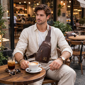 bolsa transversal masculina marrom em couro pu