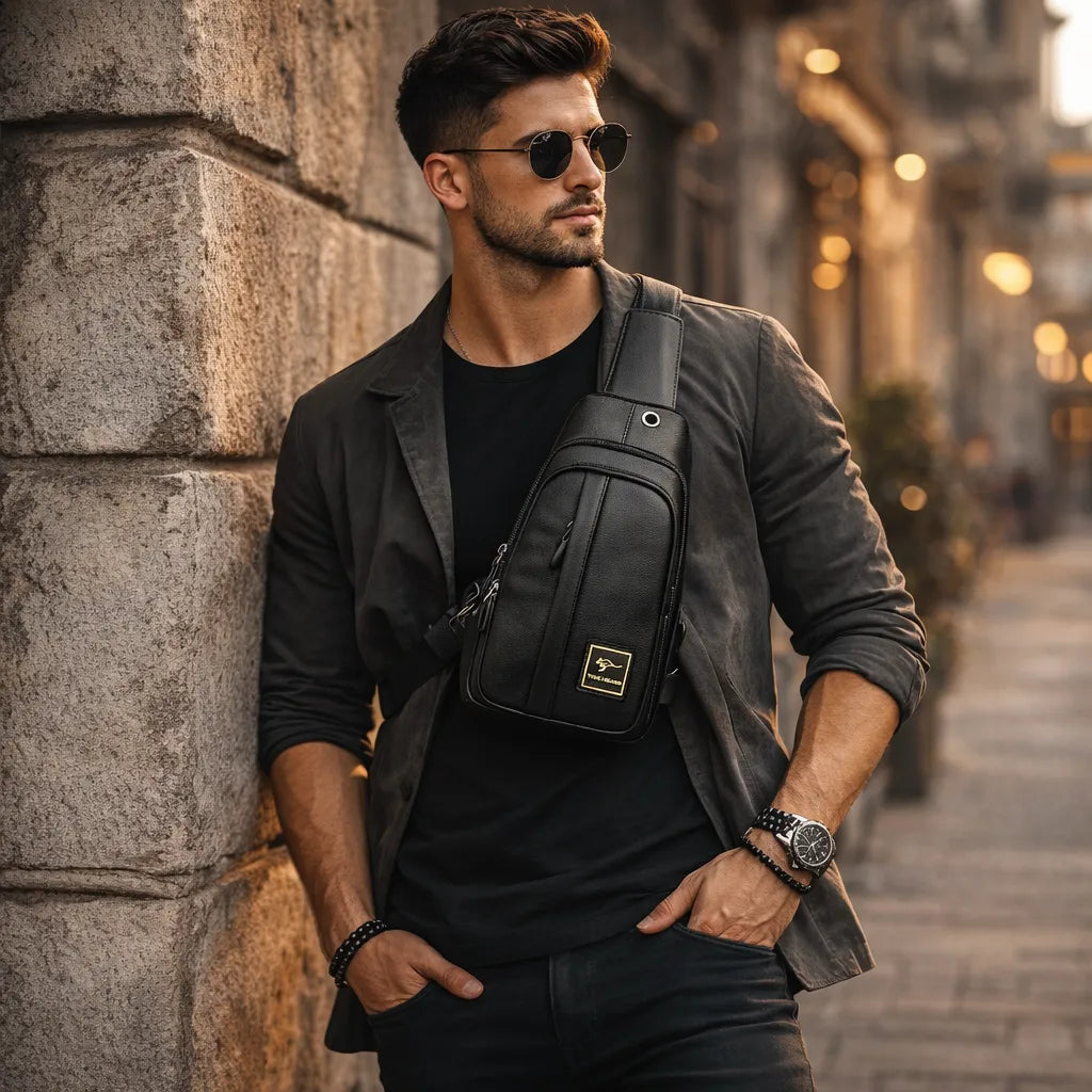 bolsa transversal masculina preta em couro pu