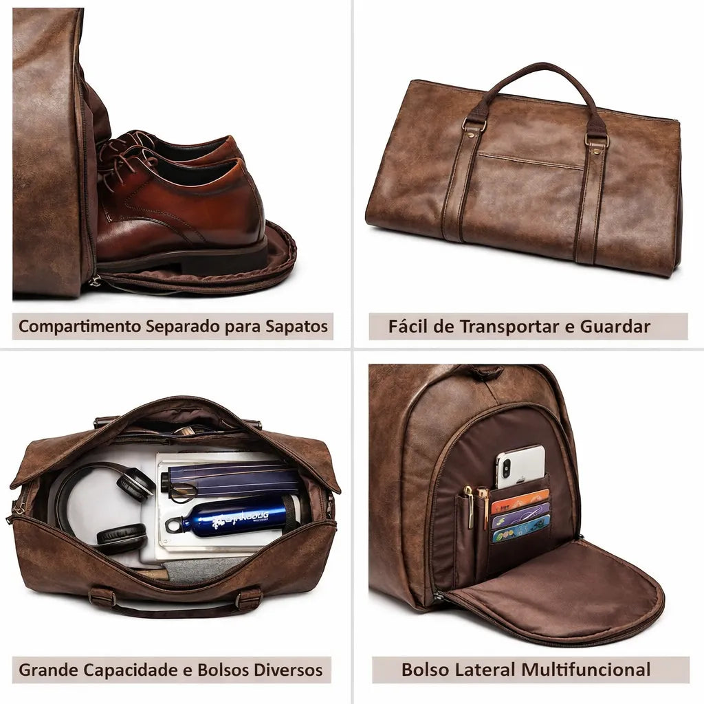 compartimentos da bolsa de viagem executiva valenteo cavaliere marrom
