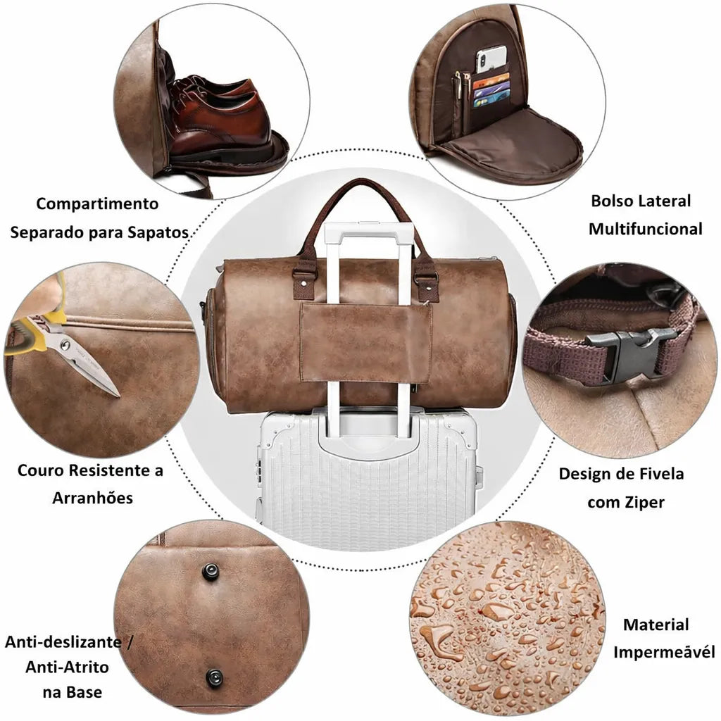 detalhe do material em couro resistente e impermeável, bolsos multifuncionais e fivela com zíper reforçado da bolsa de viagem valenteo cavaliere marrom