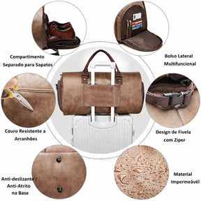 detalhe do material em couro resistente e impermeável, bolsos multifuncionais e fivela com zíper reforçado da bolsa de viagem valenteo cavaliere marrom