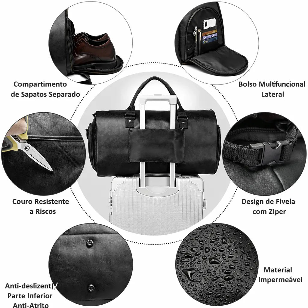 detalhe do material em couro resistente e impermeável, bolsos multifuncionais e fivela com zíper reforçado da bolsa de viagem valenteo cavaliere