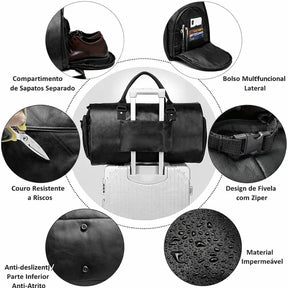detalhe do material em couro resistente e impermeável, bolsos multifuncionais e fivela com zíper reforçado da bolsa de viagem valenteo cavaliere
