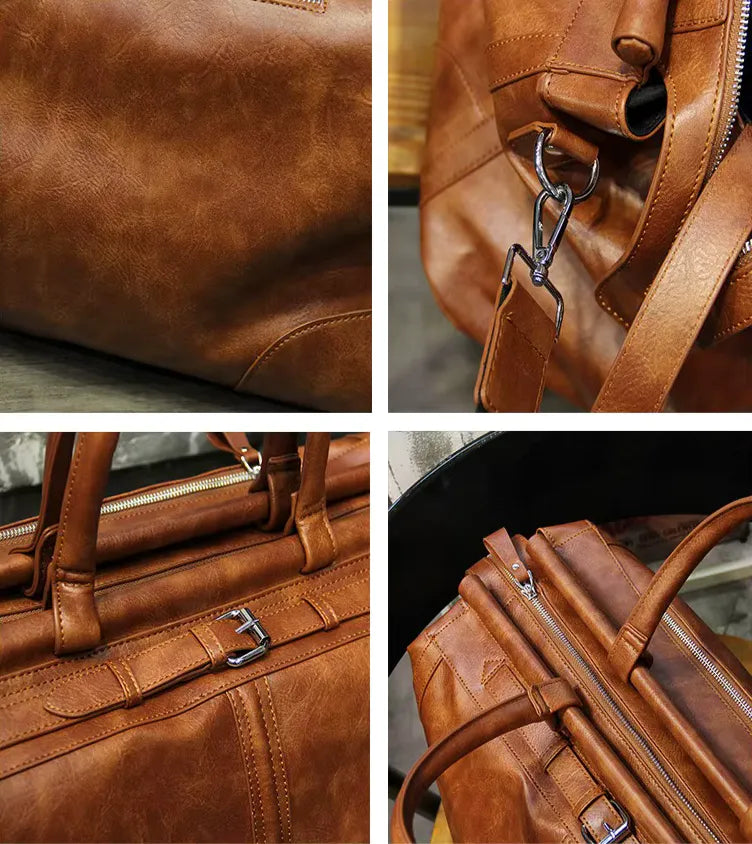 detalhes do couro, alças e fechamentos da mochila de viagem em couro marrom valenteo firenze