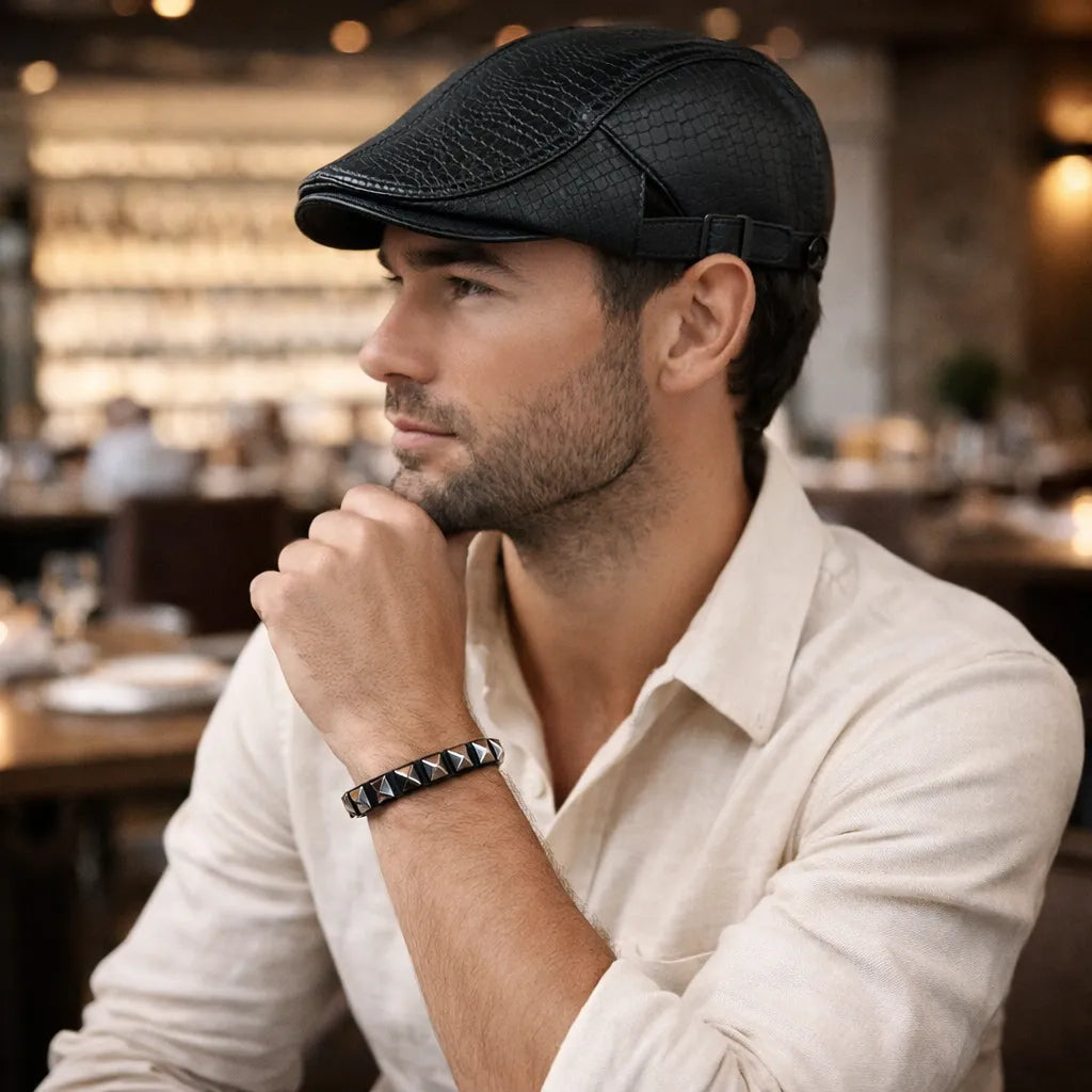 estilo clássico masculino boina de couro preto