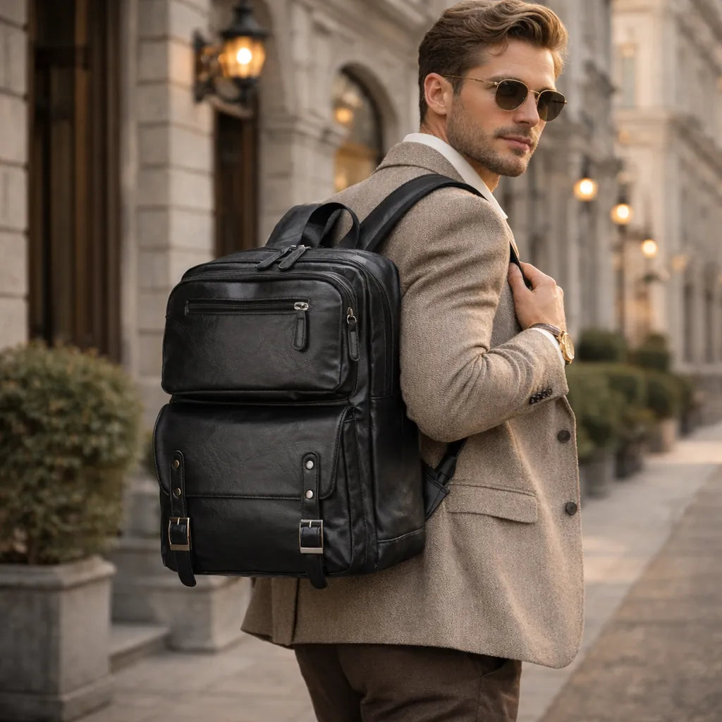 foto de um modelo masculino utilizando a mochila de couro valenteo carbone preto