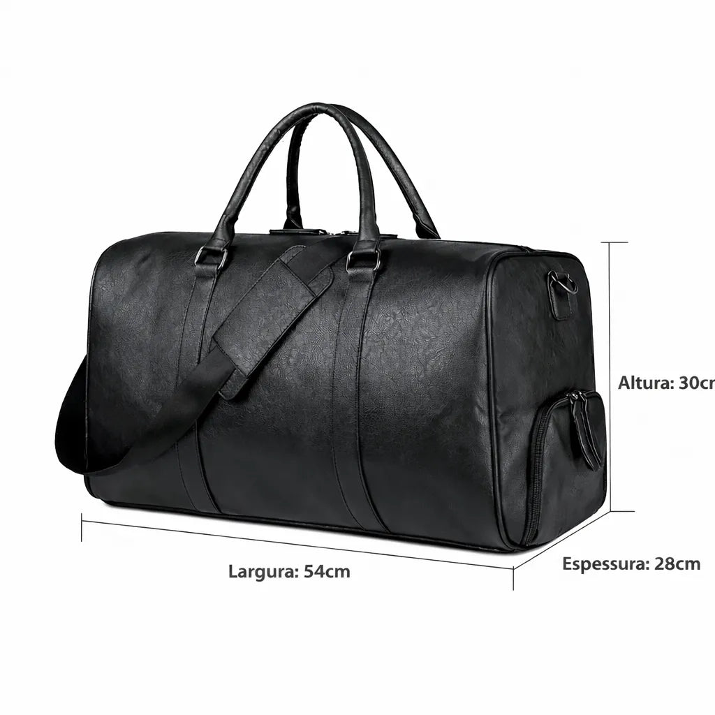 imagem com todas as medidas e capacidade da bolsa de viagem masculina em couro preto