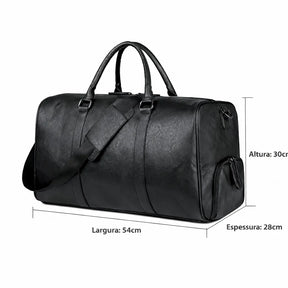 imagem com todas as medidas e capacidade da bolsa de viagem masculina em couro preto