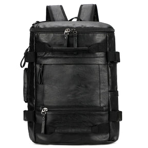 mochila minimalista preta de couro para viagem 