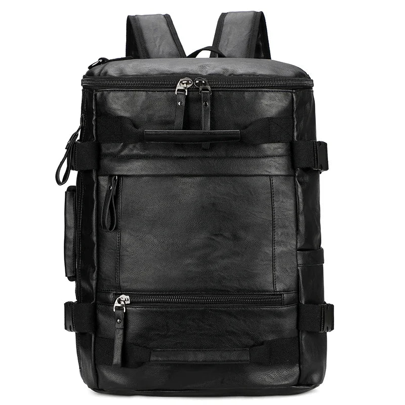 mochila minimalista preta de couro para viagem 