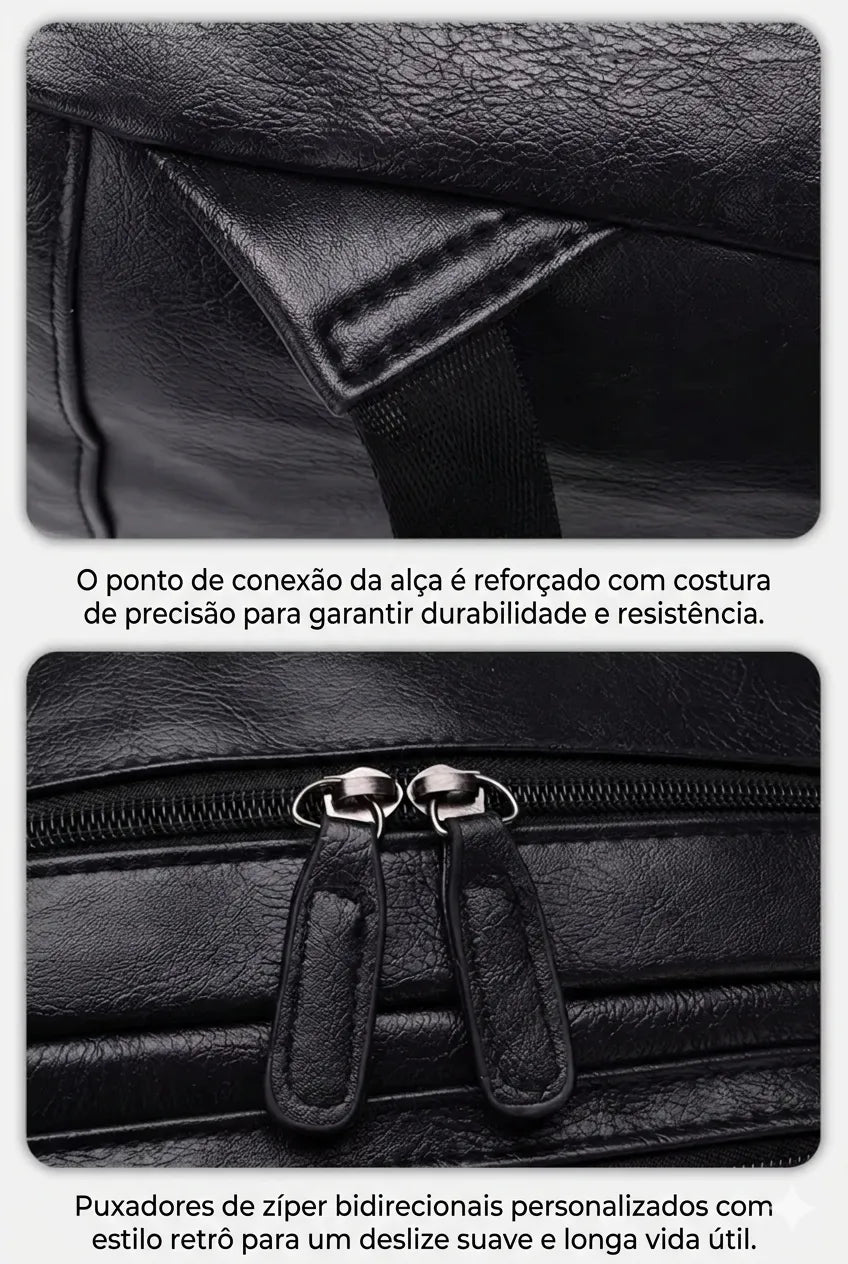 close up no triangulo reforçado das alças e ziperes mostrando a qualidade do material de da costura