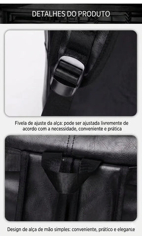 close up nos detalhes da fivela reguladora da alça e na alça de mão da mochila valenteo carbone preta