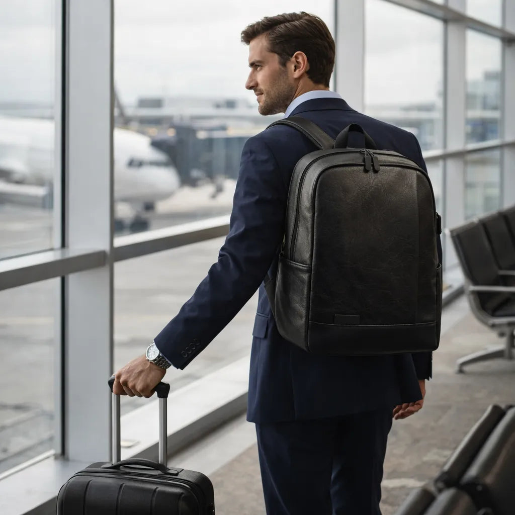 Foto de um homem usando a mochila executiva preta masculina em couro para viagens