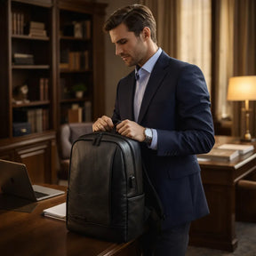 Foto de um homem usando a mochila executiva valenteo savile em um escritório