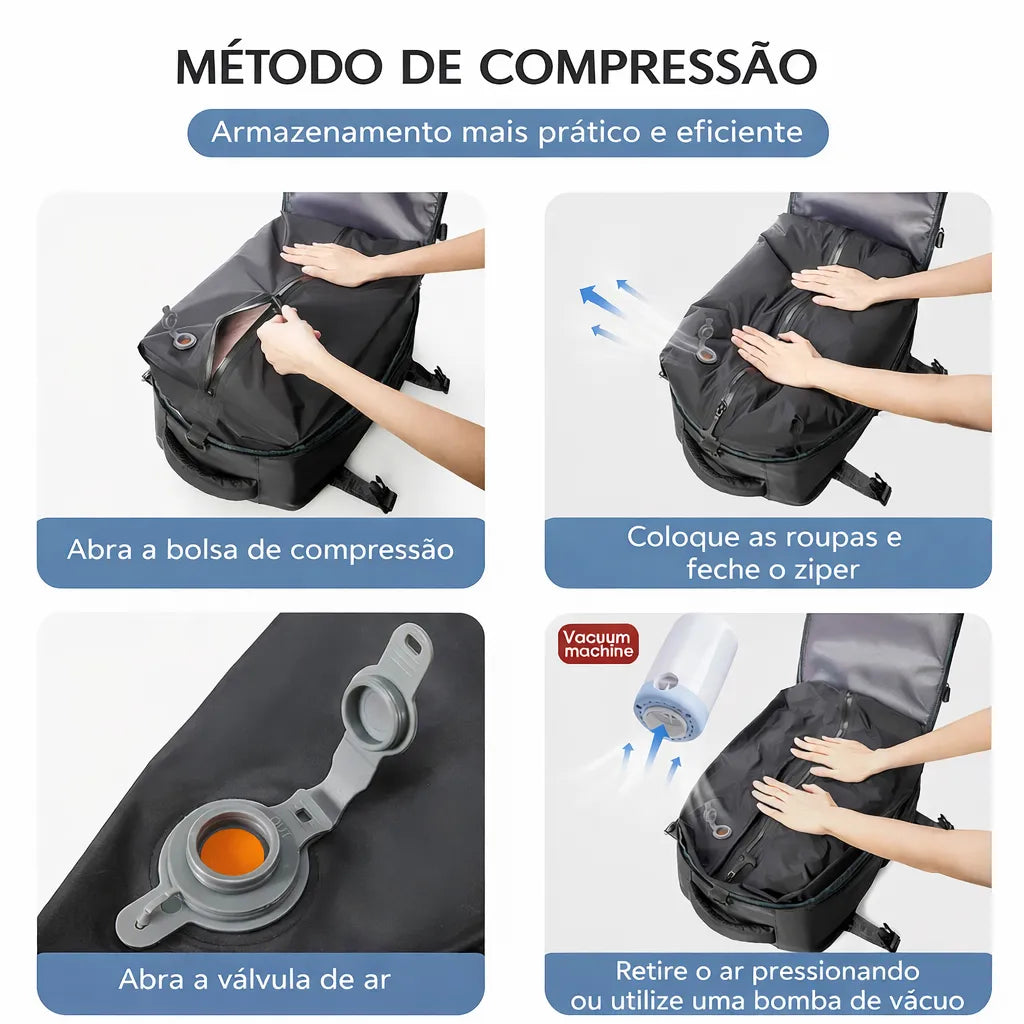 mochila preta minimalista para viagem de negócios com compressão a vacuo