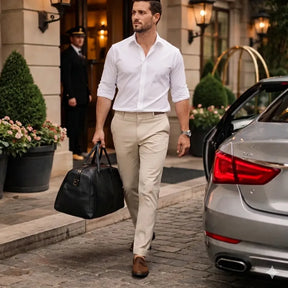 imagem de um modelo usando a bolsa de viagem em couro preto valenteo vittorio em um hotel