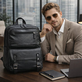 modelo masculino em escritório utilizando a mochila executiva valenteo carbone em couro preto