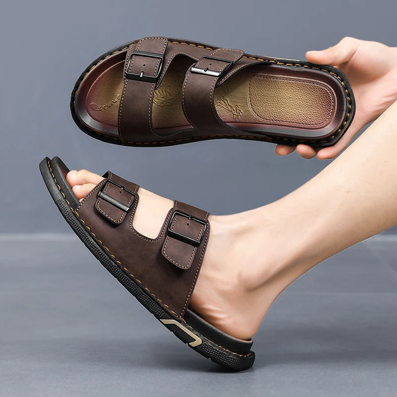 sandália de couro masculina cor marrom