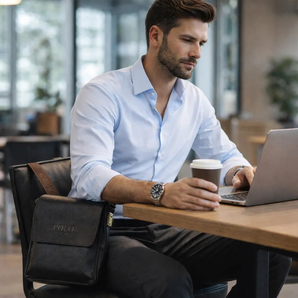 shoulder bag executiva em tpu preto em ambiente corporativo