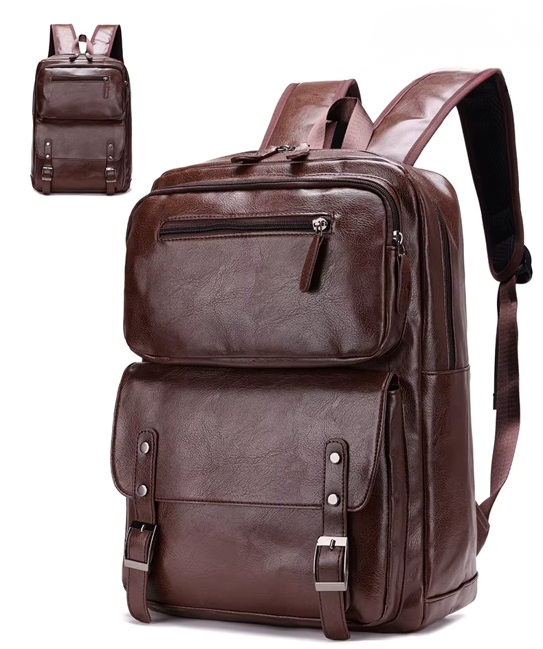 vista frontal e lateral da mochila executiva em couro pu marrom valenteo carbone, demonstrando a qualidade e resistência